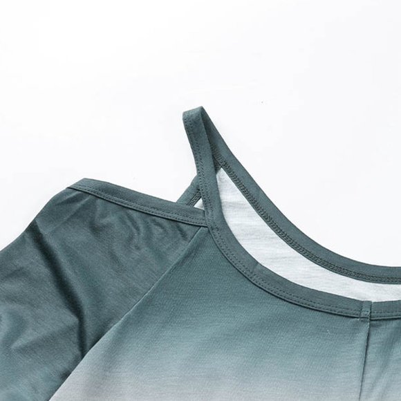 Ombre Dark Teal & Ivory Cold Shoulder Shirt - Picture 8 of 10